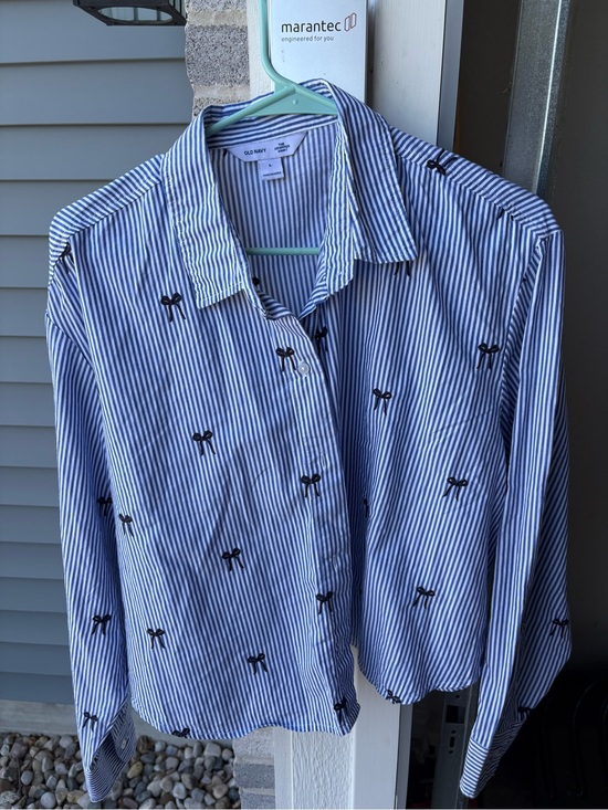 Old Navy Tops - Old Navy Blue and White Striped Button-Down Shirt with Black Bow Embroidery